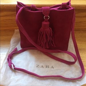 Zara Trafaluc Pink Suede Crossbody Tassel Bag